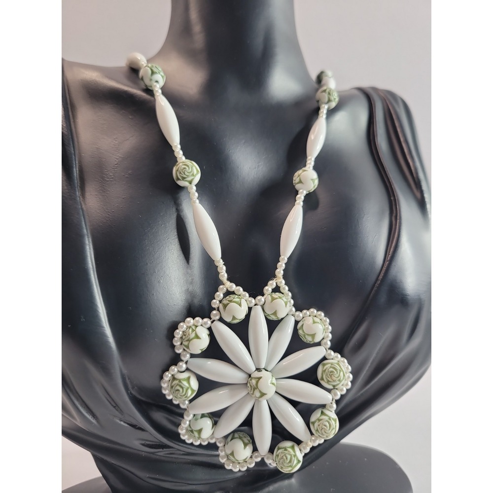 Vintage White Green Floral Beaded Flower Pendant Necklace Handmade Statement Jew